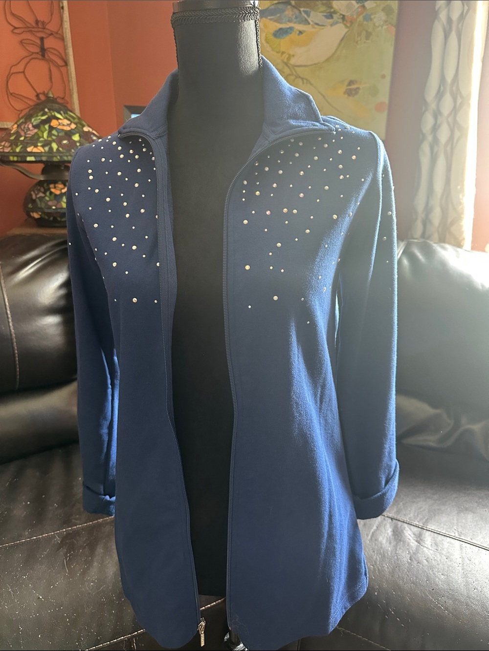 Quacker Factory Navy Jacket with Studded Shoulder Detail